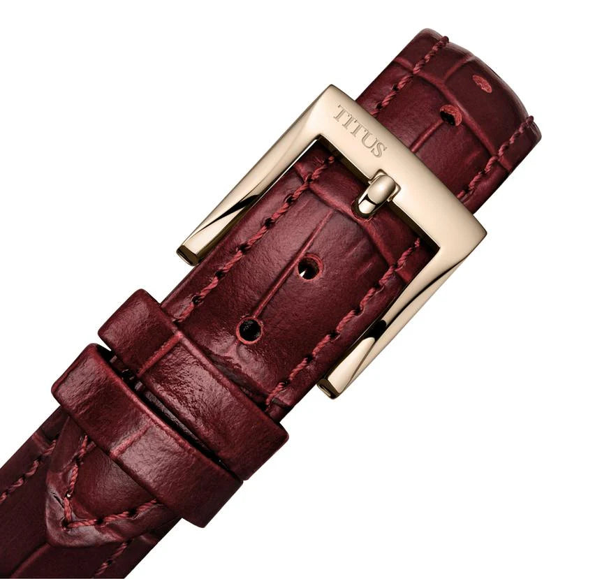 Close-up of Devot women's watch red leather strap with steel buckle