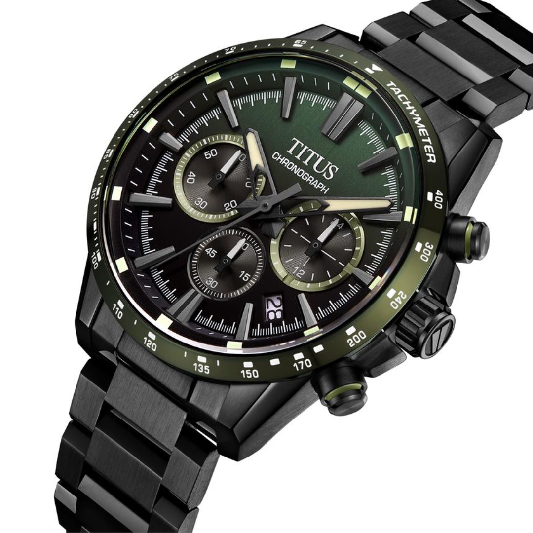 Saber Chronograph Men's Black Tachymeter Green Dial Watch W06-03401-006