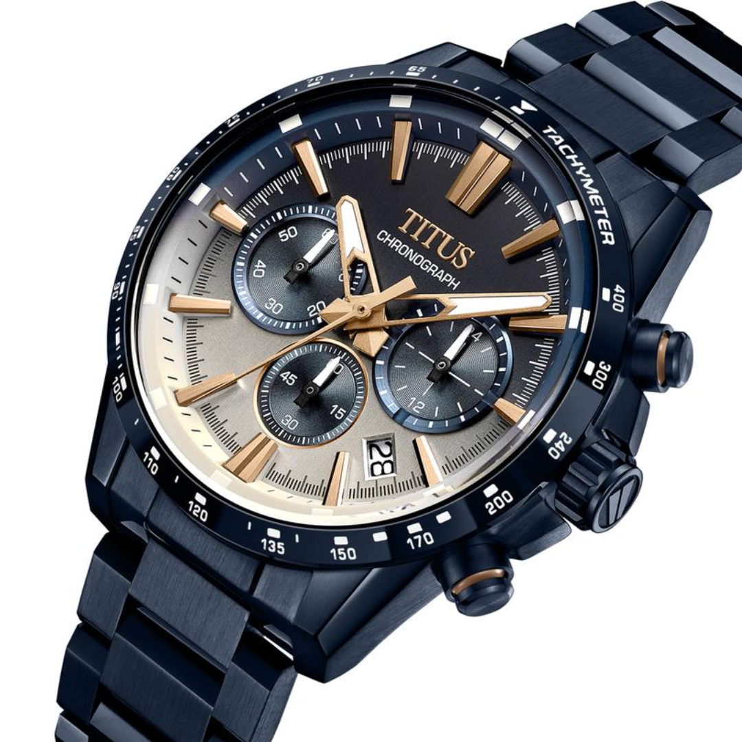 Saber Chronograph Men's Blue Tachymeter Rose Gold Dial Watch W06-03401-007