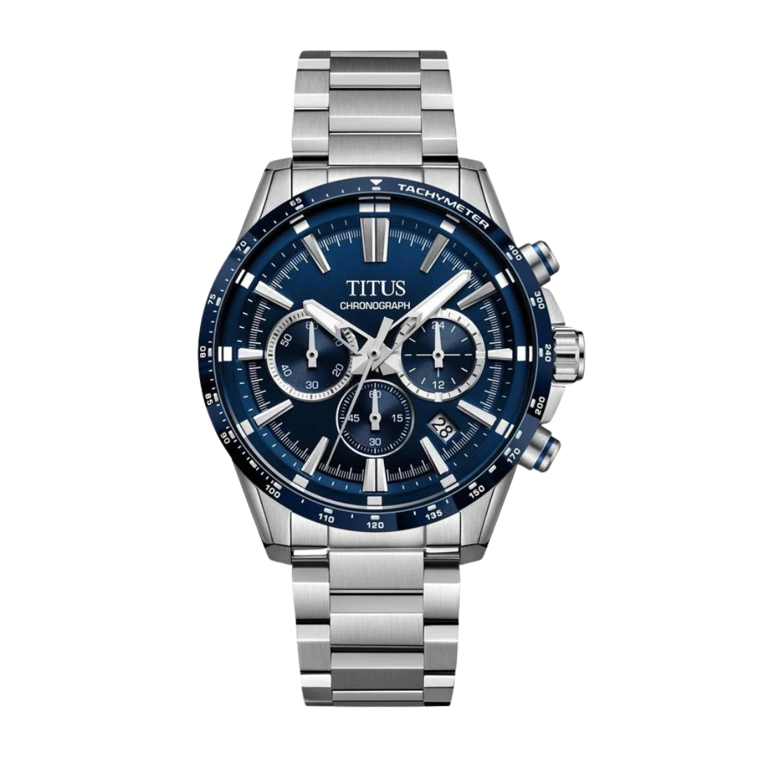 solvil et titus chronograph quartz in blue dial and silver stainless steel bracelet men watch front view