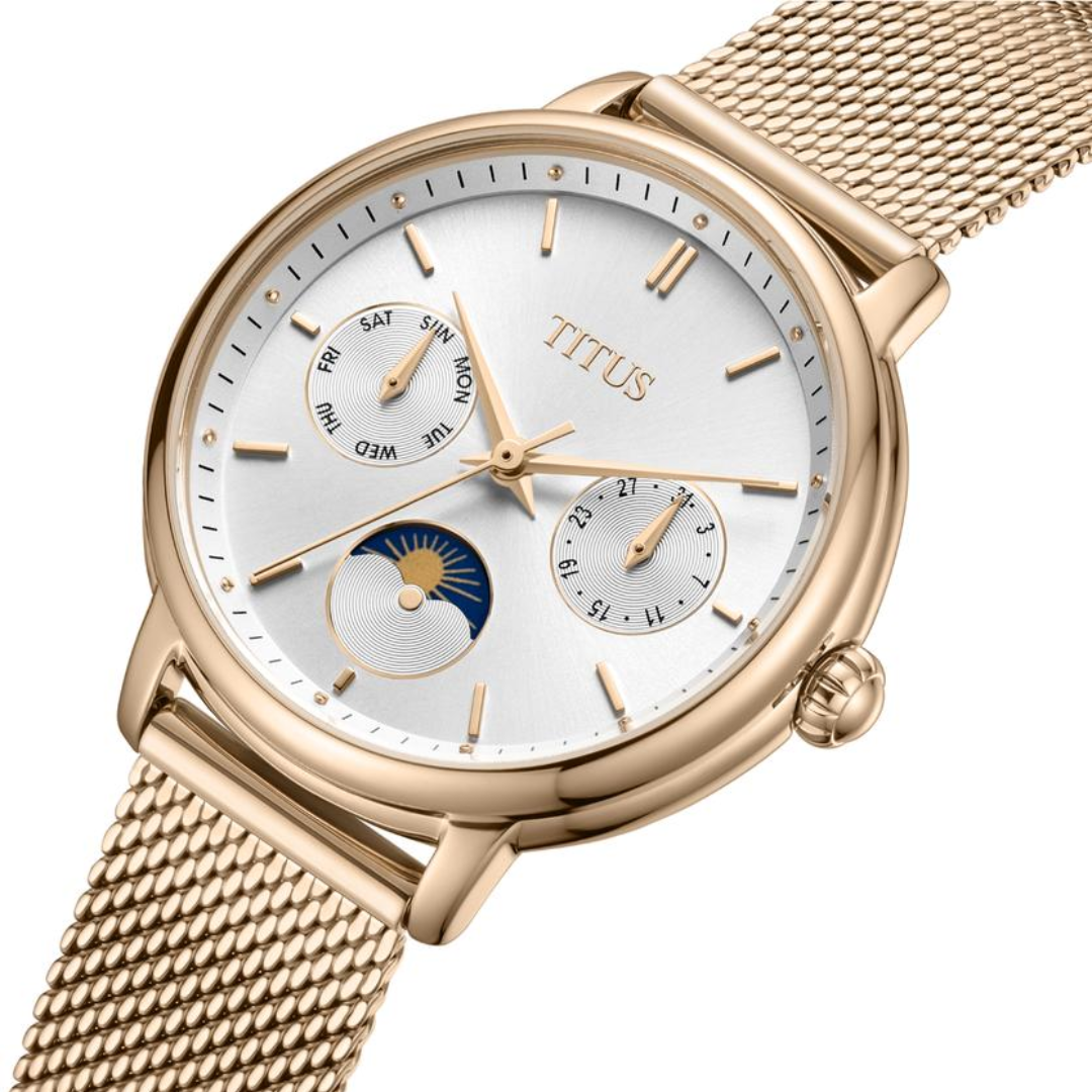 Fashionista watch close-up showing silver-white dial and day/night indicator