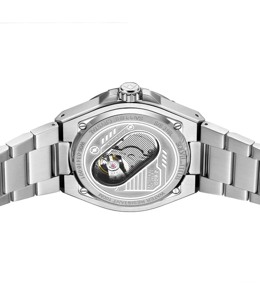 Voyager watch caseback with automatic movement and stainless steel construction