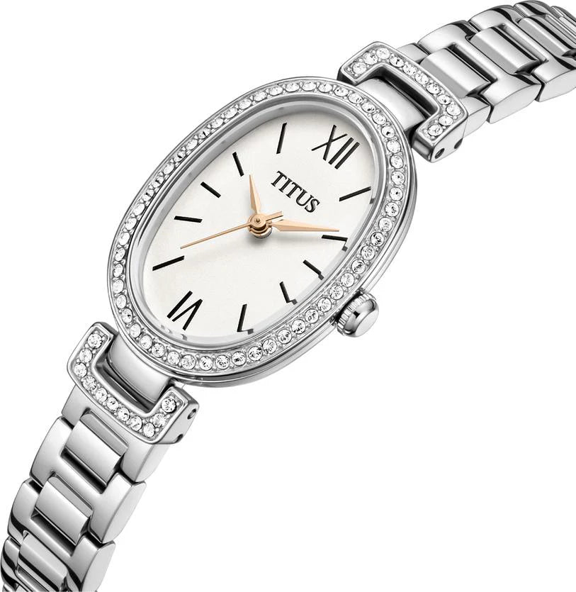 Fair Lady watch crown detail showing polished stainless steel oval case