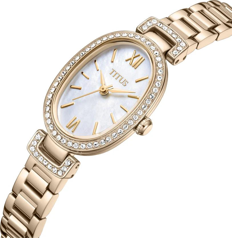 Fair Lady watch crown detail showing polished stainless steel oval case