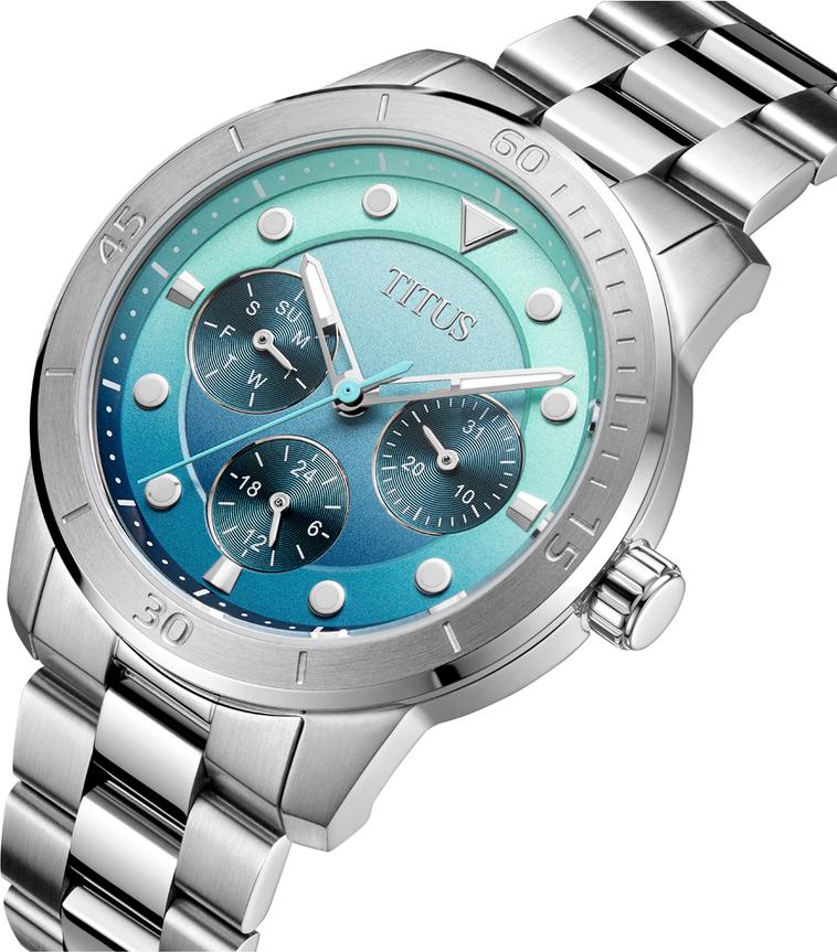 Aspira watch crown detail showing stainless steel case construction