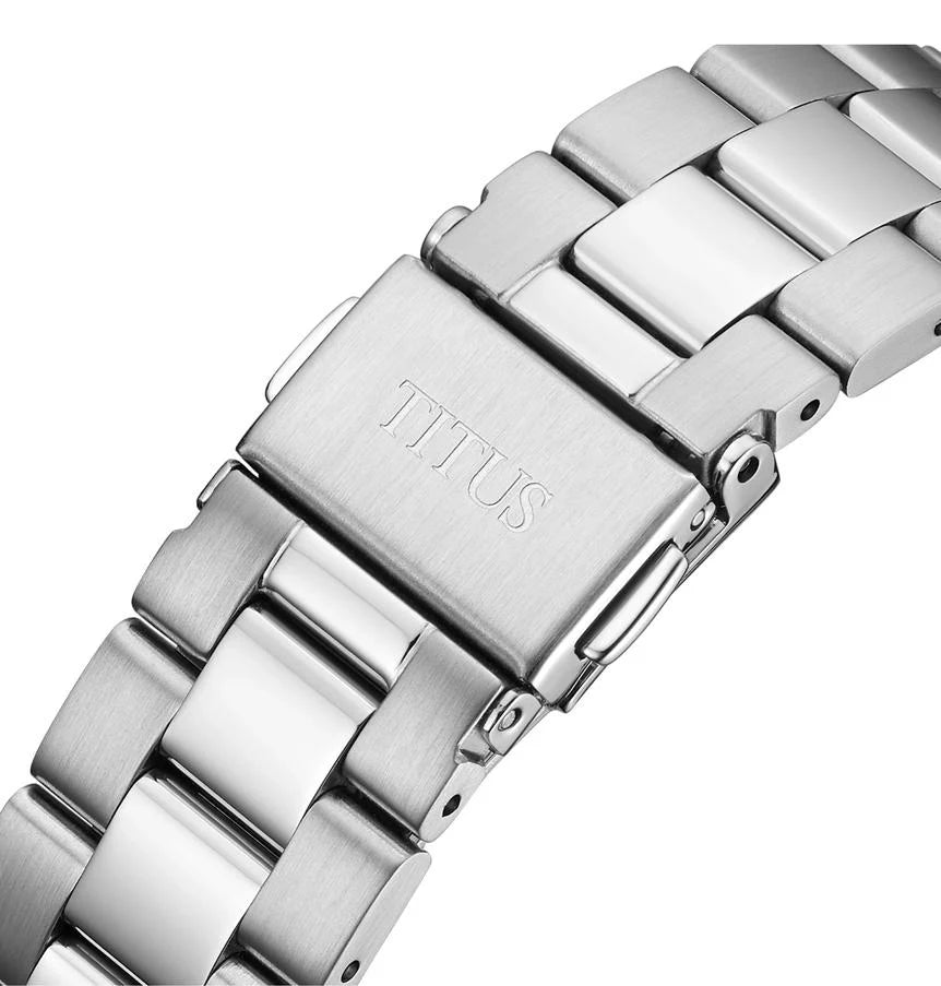 Close-up of Aspira watch polished stainless steel bracelet with links