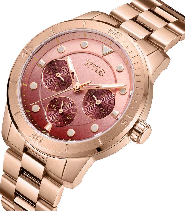 Aspira watch crown detail showing stainless steel case construction