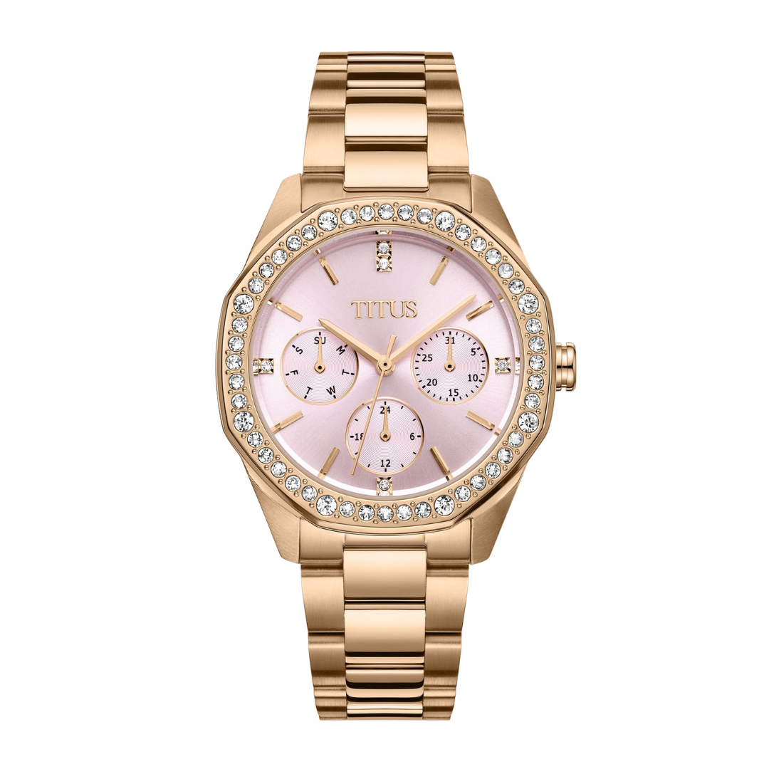 solvil et titus pink dial with crystals surrounding outer dial and rose gold stainless steel bracelet women watch front view