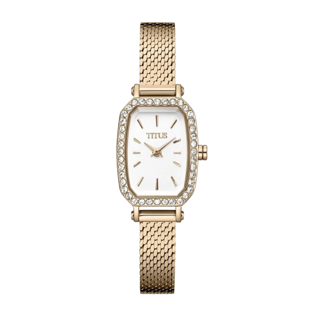 solvil et titus 2 hands quartz with crystals around bezel and silver white dial and light rose gold stainless steel mesh strap women watch front view