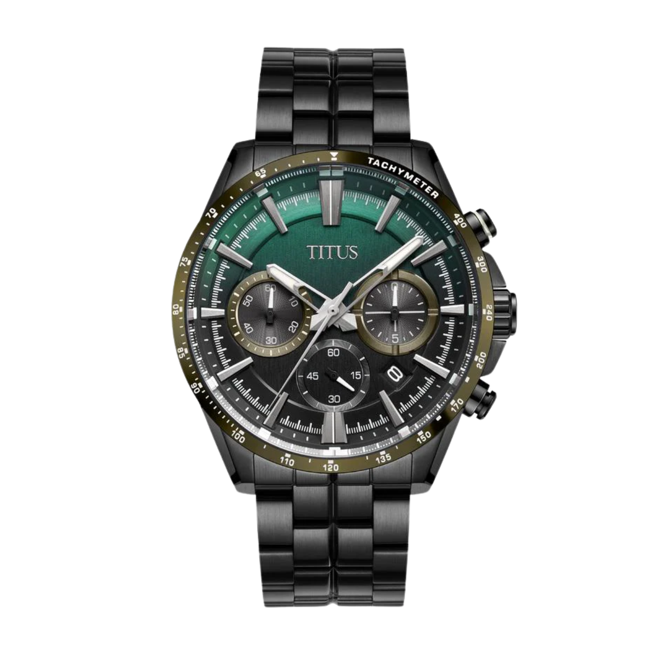 Solvil et Titus Saber Chronograph W06-03337-020 — front view of green-to-black gradient dial with chronograph subdials, black 44mm case with tachymeter bezel, black stainless steel bracelet
