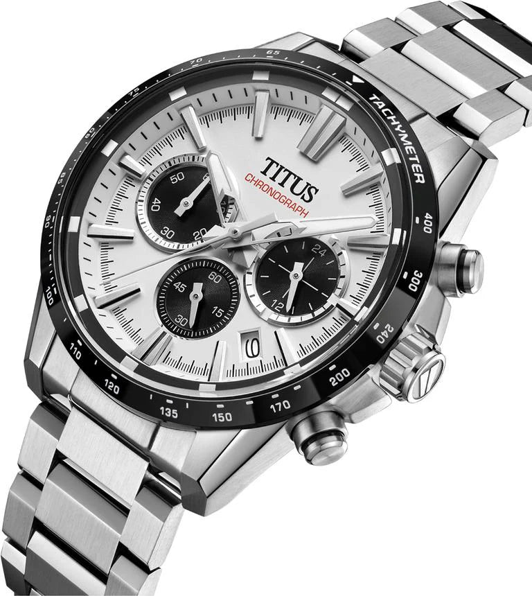 Solvil et Titus Saber Chronograph W06-03401-001 — angled view showing black tachymeter bezel detail, crown engraved with the saber-toothed tiger's tooth symbol, and 24-hour subdial