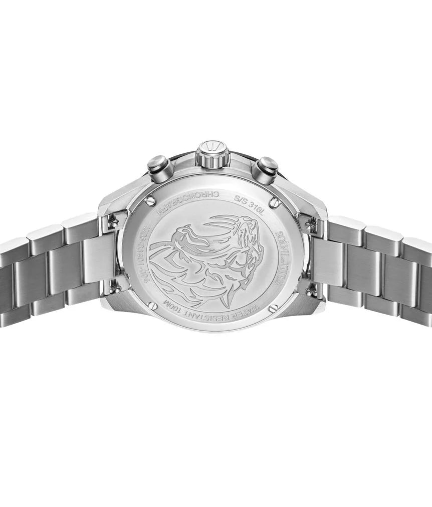 Solvil et Titus Saber Chronograph W06-03401-004 — 316L stainless steel caseback engraved with the saber-toothed tiger motif, the collection's signature mark
