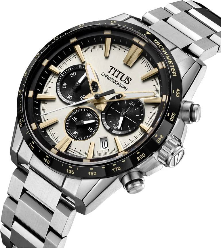 Solvil et Titus Saber Chronograph W06-03401-004 — angled view showing cream dial with gold-tone hands and indices, black chronograph subdials, crown engraved with the saber-toothed tiger's tooth symbol and black accent, , and 24-hour subdial.
