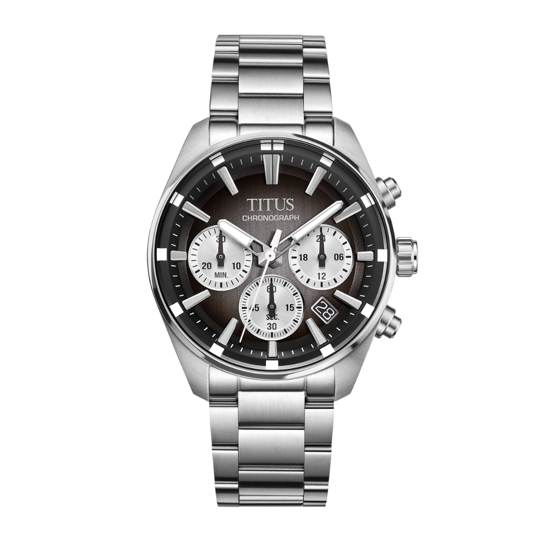 Solvil et Titus Saber Chronograph W06-03414-001 — front view of smokey black sunburst dial, three silver chronograph subdials, polished steel case and bracelet