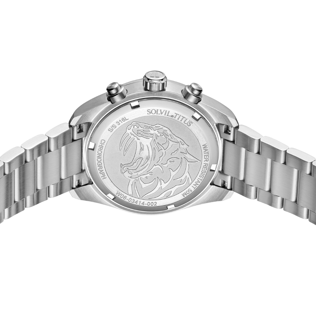 Solvil et Titus Saber Chronograph W06-03414-002 — 316L stainless steel caseback engraved with the saber-toothed tiger motif and Solvil et Titus signature