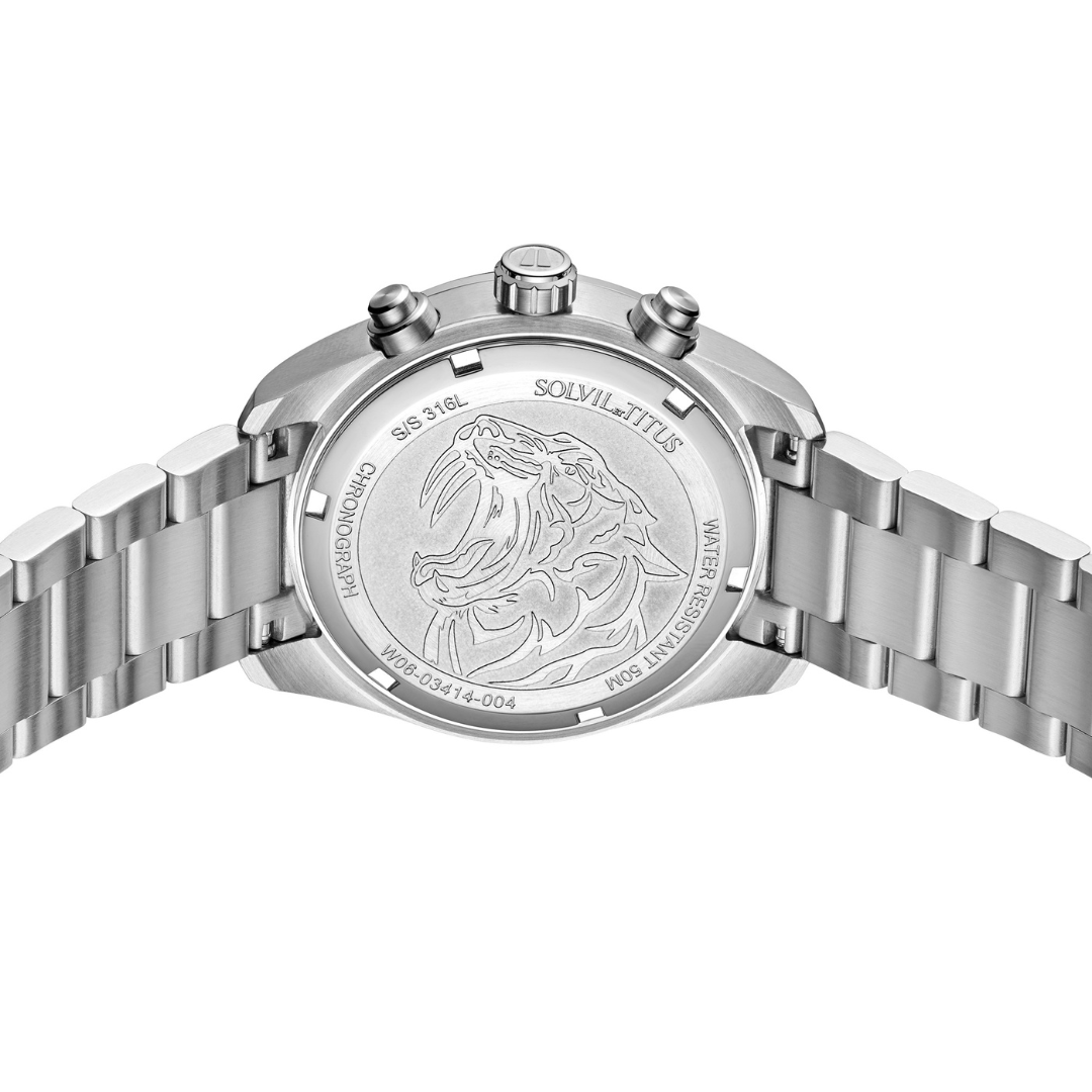 Solvil et Titus Saber Chronograph W06-03414-004 — 316L stainless steel caseback engraved with the saber-toothed tiger motif and Solvil et Titus signature