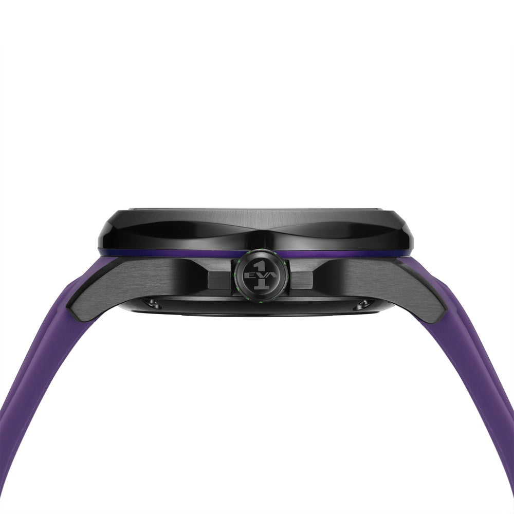 Crown detail of Solvil et Titus EVA-01 Quest watch with purple accent