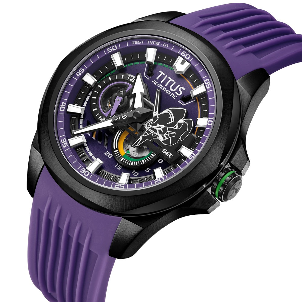 Side profile of Solvil et Titus EVA-01 Quest watch with purple silicone strap