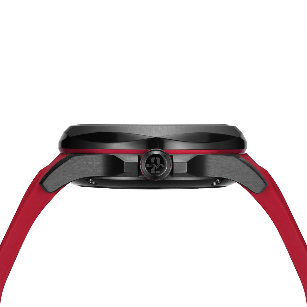 Crown detail of Solvil et Titus EVA-02 Quest watch with red accent