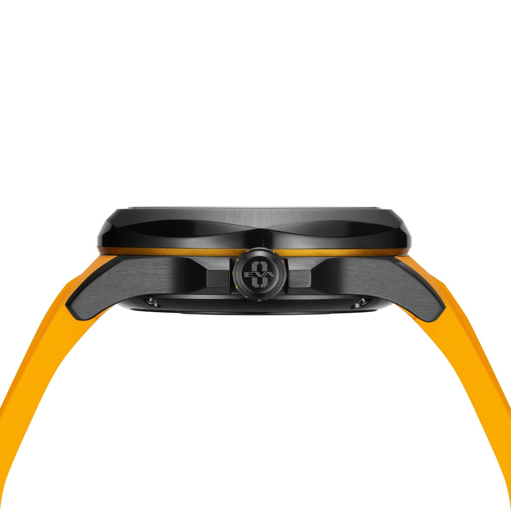 Crown detail of Solvil et Titus EVA-00 Quest watch with orange accent