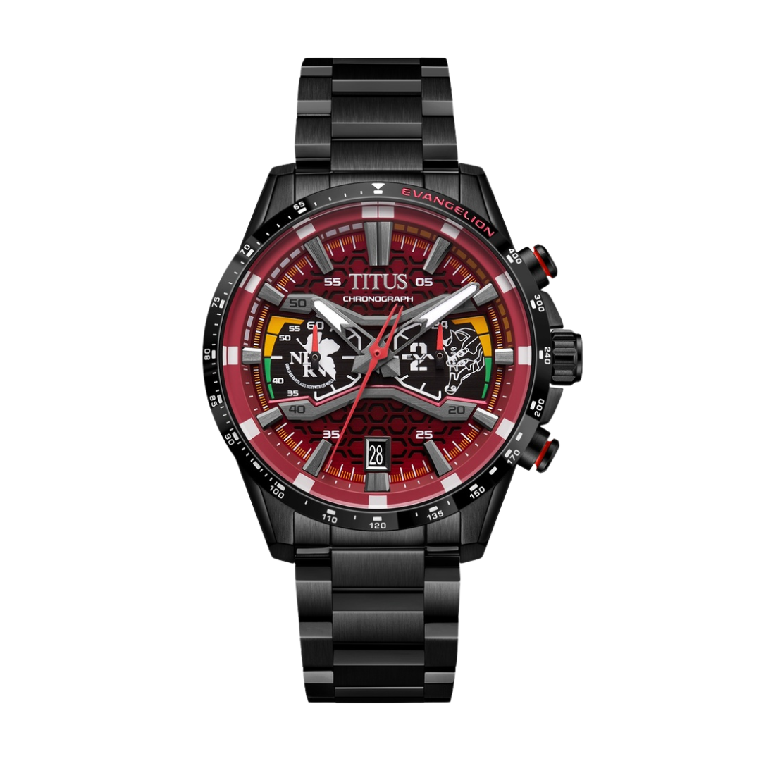Solvil et Titus EVANGELION EVA-02 Saber black chronograph watch with red accents