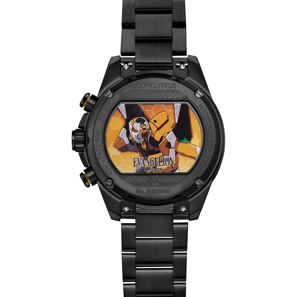 Caseback of Solvil et Titus EVA-00 Saber watch with EVA-00 amber artwork and edition number
