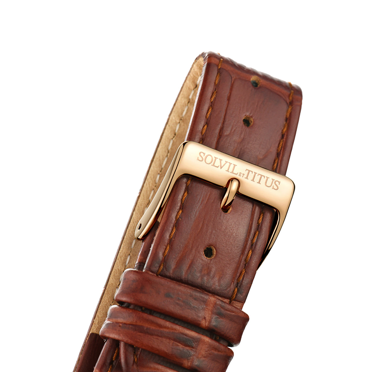 Close-up of Barista women's watch brown leather strap with steel buckle