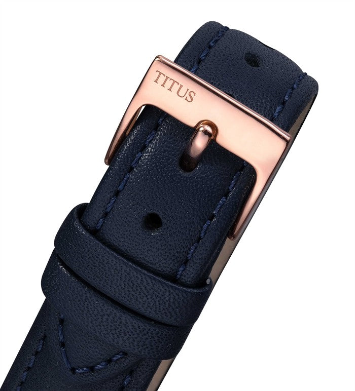 Close-up of Devot women's watch blue leather strap with steel buckle