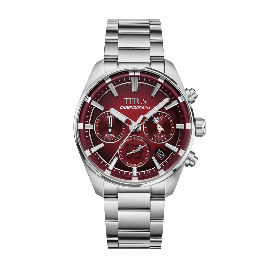solvil et titus ultraman 60th anniversary limited edition chronograph red dial silver stainless steel men watch front view
