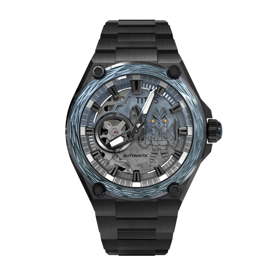 solvil et titus voyager alien baltan limited edition blue to grey colour texture automatic skeleton gun men watch front view