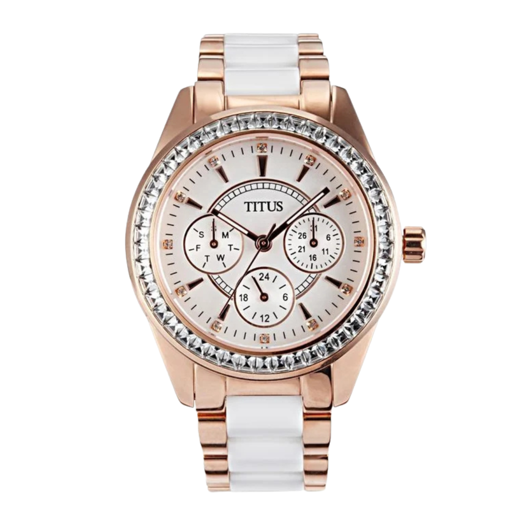 Solvil et titus perse multi-function quartz with crystals around bezel and rose gold stainless steel with white ceramic women watch front view
