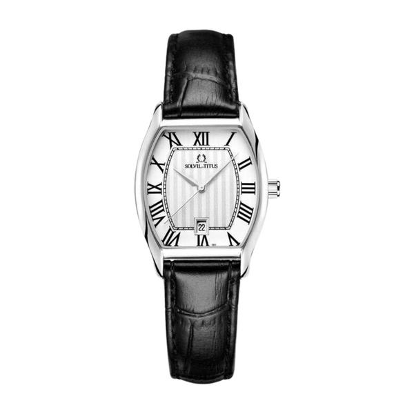 Barista women's watch with silver dial, black leather strap, and tonneau case