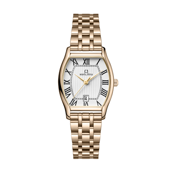 Barista women's watch with white dial and light gold steel bracelet tonneau case