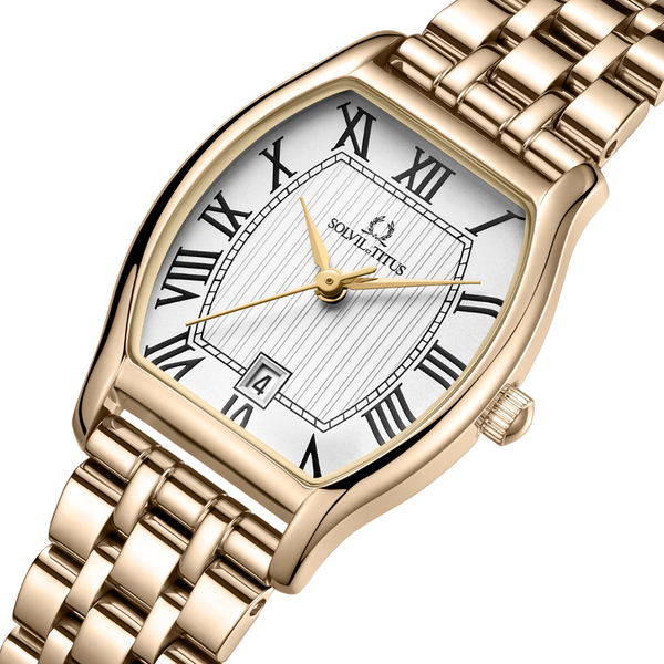 Barista watch close-up showing white dial and date display at 6 o'clock