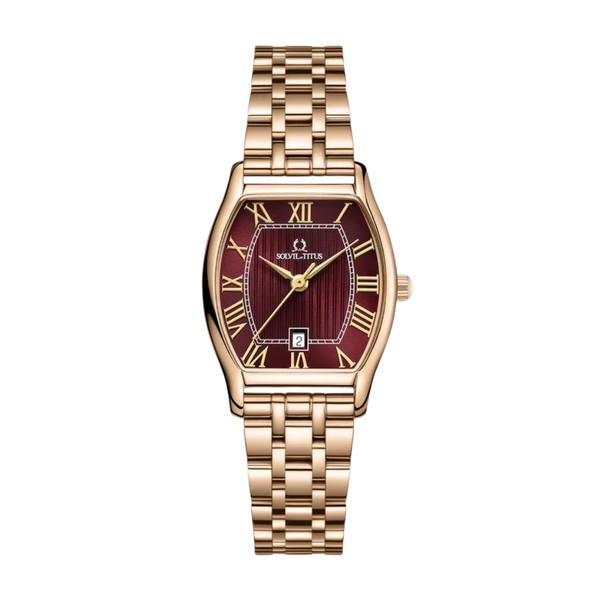 Barista women's watch with red dial and light gold steel bracelet tonneau case