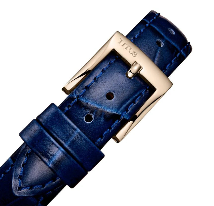 Close-up of Devot women's watch blue leather strap with steel buckle