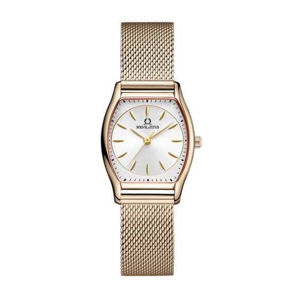 Barista women's watch with silver dial, light rose gold steel bracelet, tonneau case