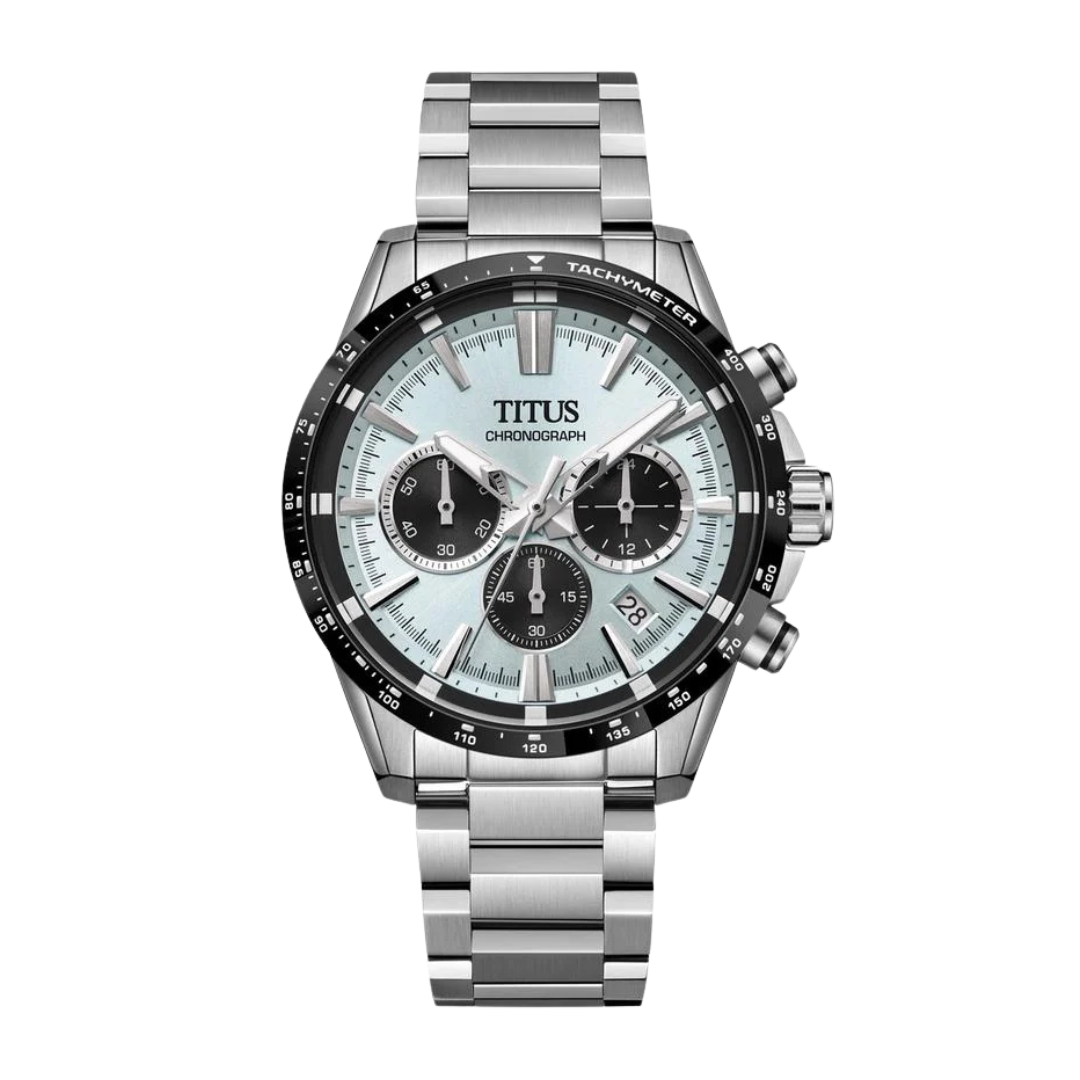solvil et titus chronograph quartz ice blue dial silver stainless steel men watch front view
