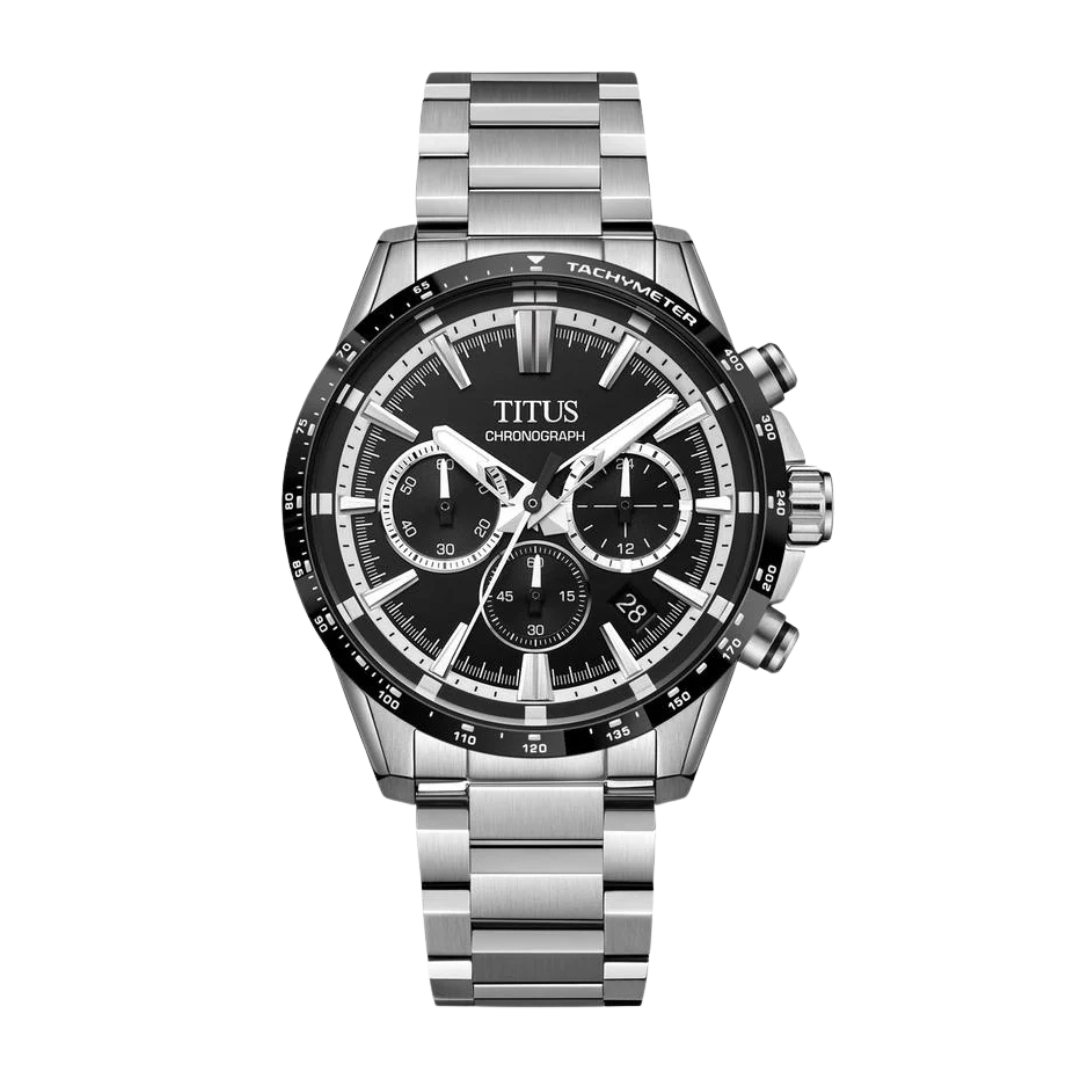 solvil et titus chronograph quartz in black dial and silver stainless steel men watch front view