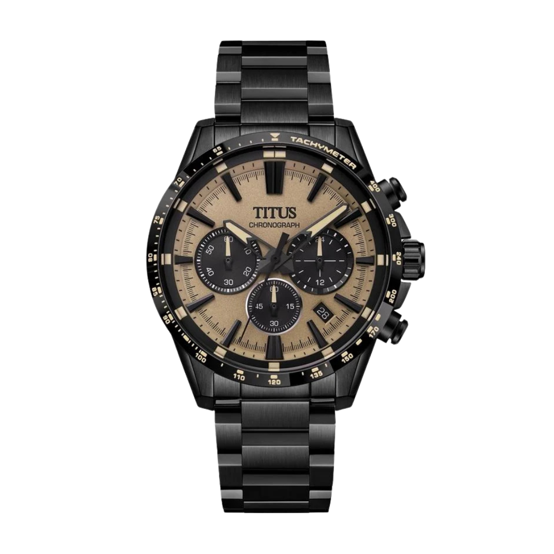 solvil et titus chronograph quartz in sand dial and black stainless steel strap men watch front view