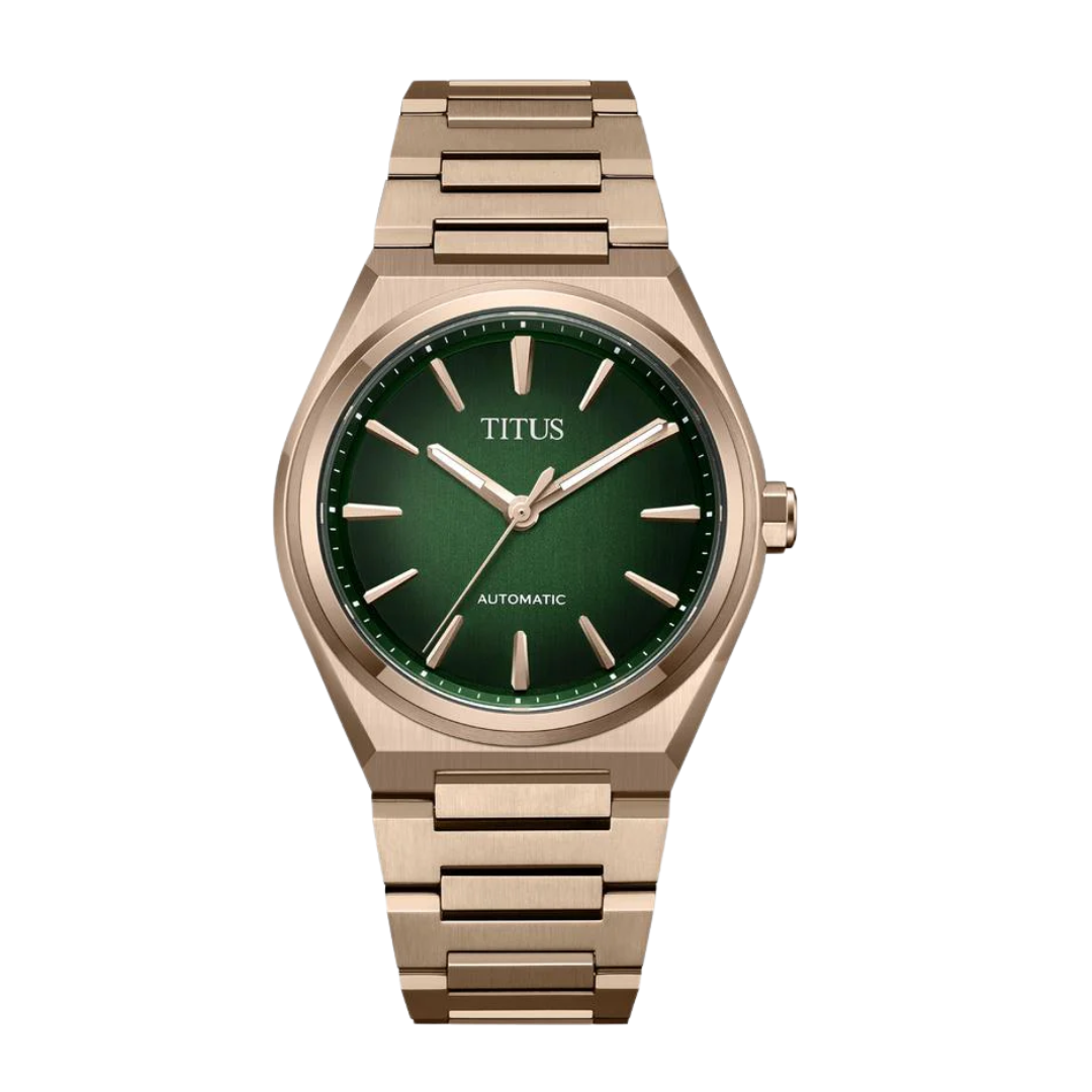 solvil et titus vinyl 3 hands automatic with green dial and rose gold stainless steel strap men watch front view