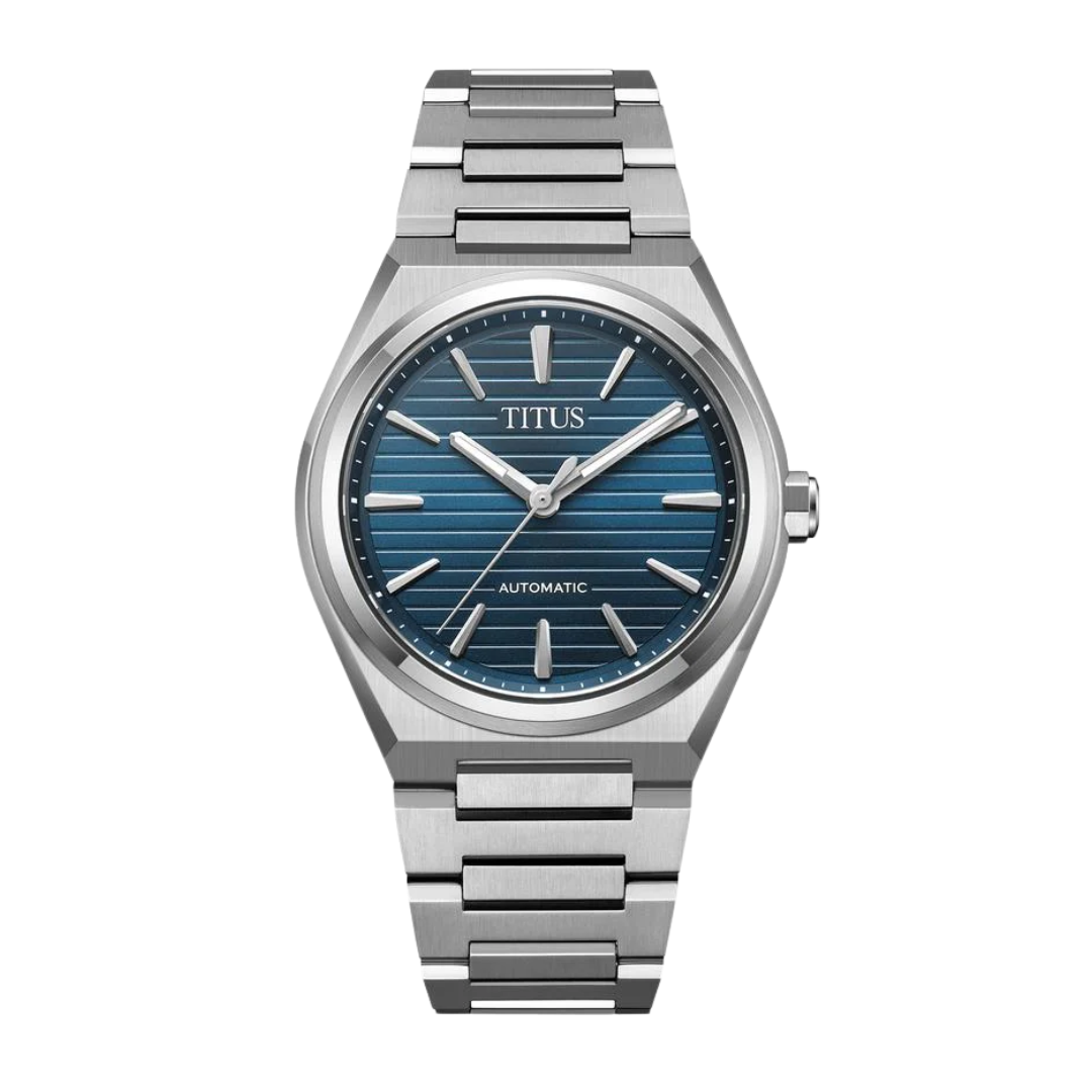 solvil et titus vinyl 3 hands automatic in blue dial and silver stainless steel strap men watch front view
