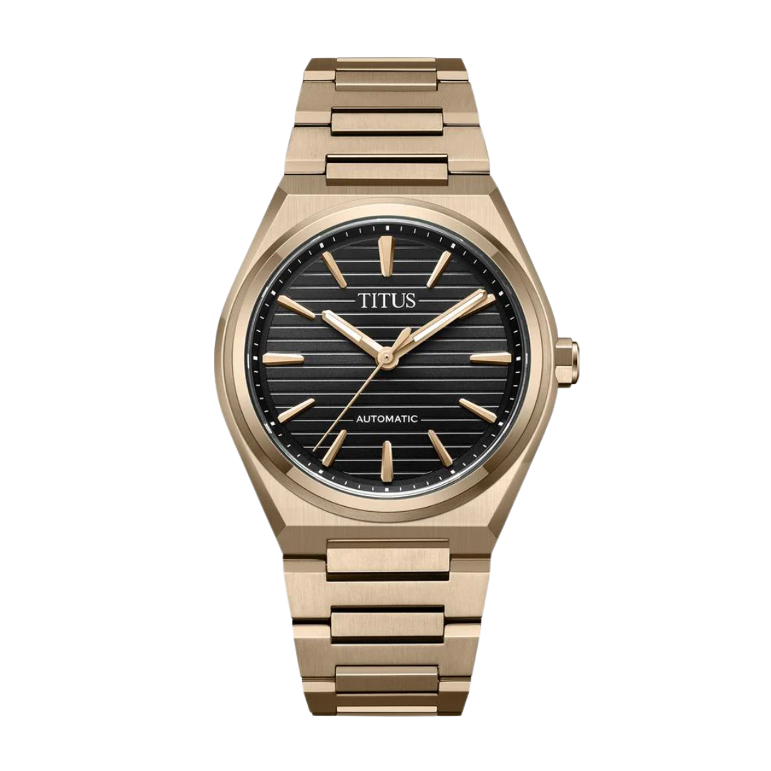 solvil et titus vinyl 3 hands automatic rose gold stainless steel strap with green dial men watch front view