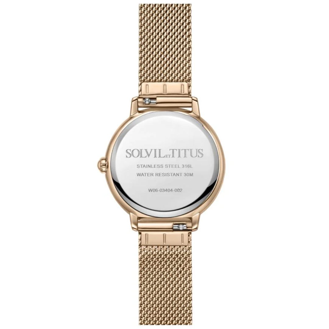Fashionista watch side profile showing rose gold stainless steel bracelet
