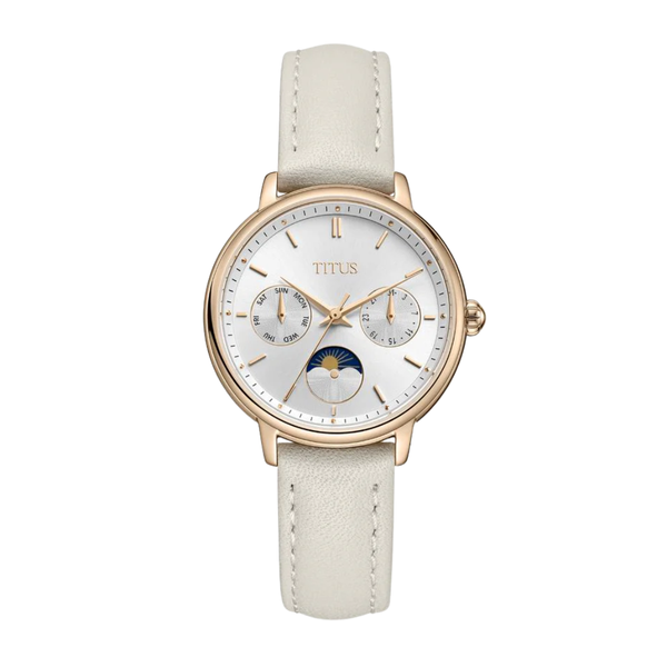 Fashionista women's watch with day/night indicator, white dial, light beige leather strap