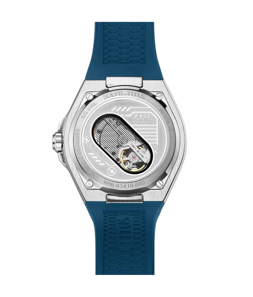 Voyager watch caseback with automatic movement and stainless steel construction