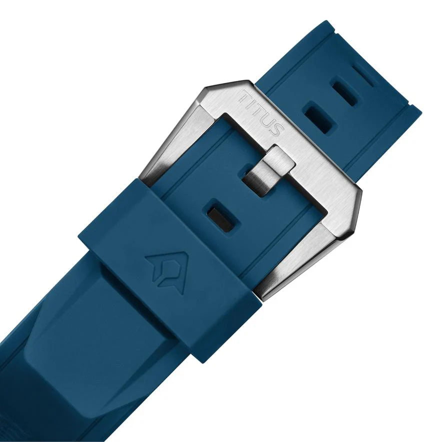 Close-up of Voyager men's watch blue silicone strap with buckle