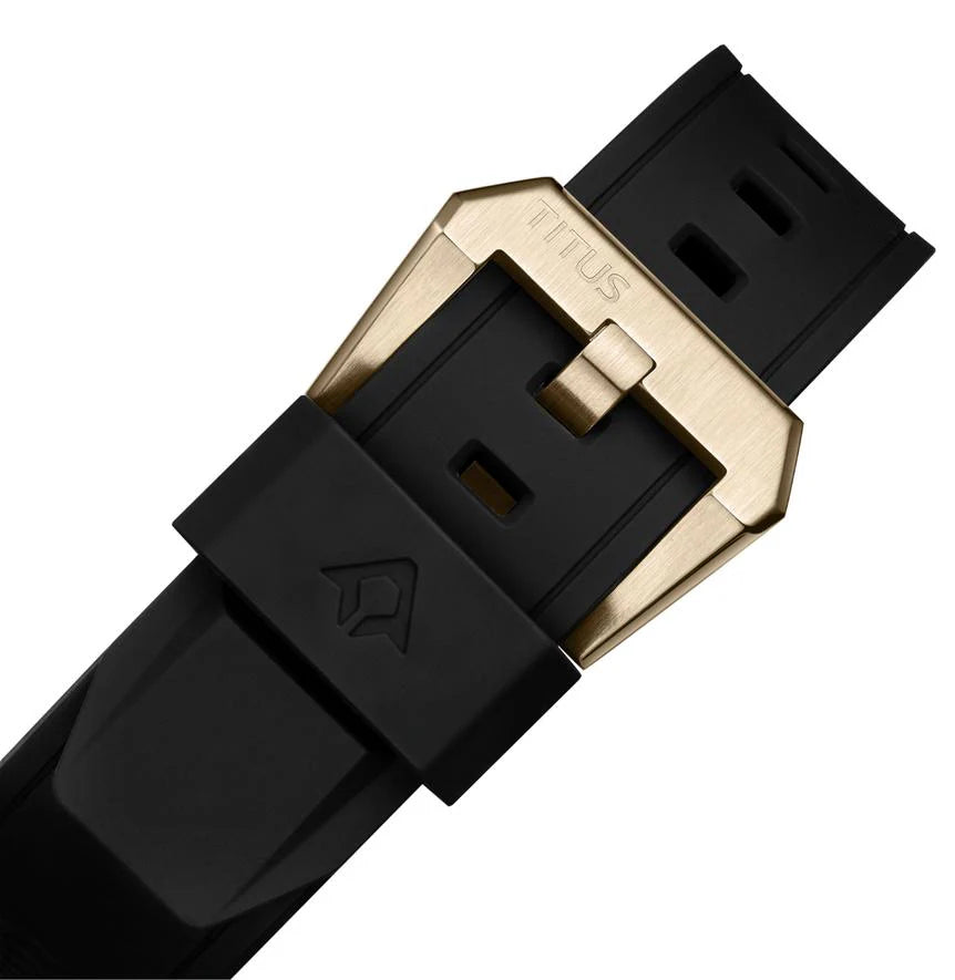 Close-up of Voyager men's watch black silicone strap with buckle