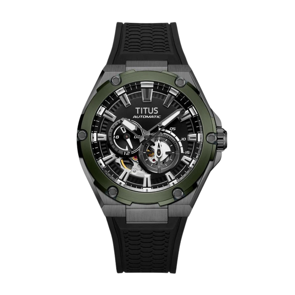 Voyager men's automatic watch with black dial, black silicone strap, 44mm case