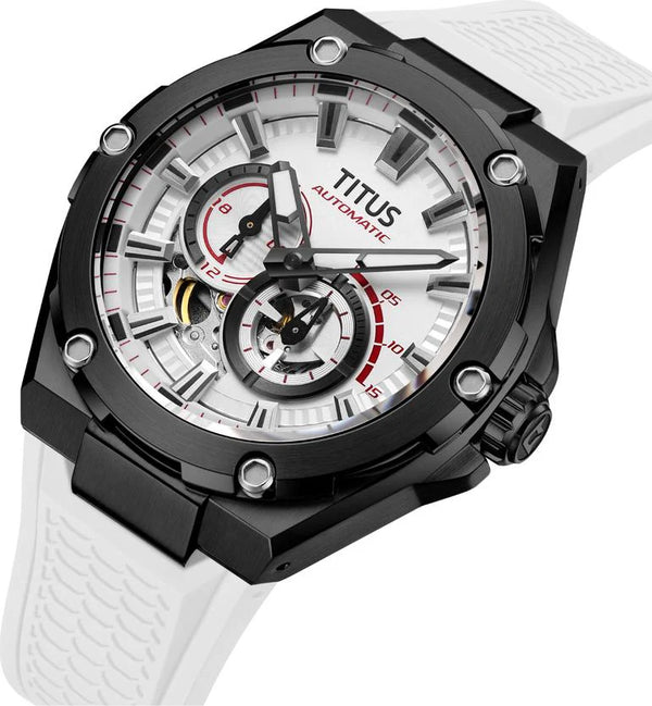 Voyager watch crown detail showing stainless steel case construction